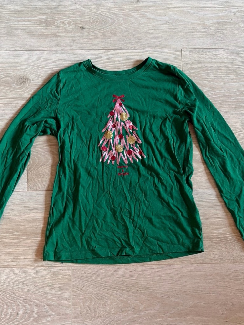 Holiday Time Green Long Sleeve Tee with Holiday Tree Graphic